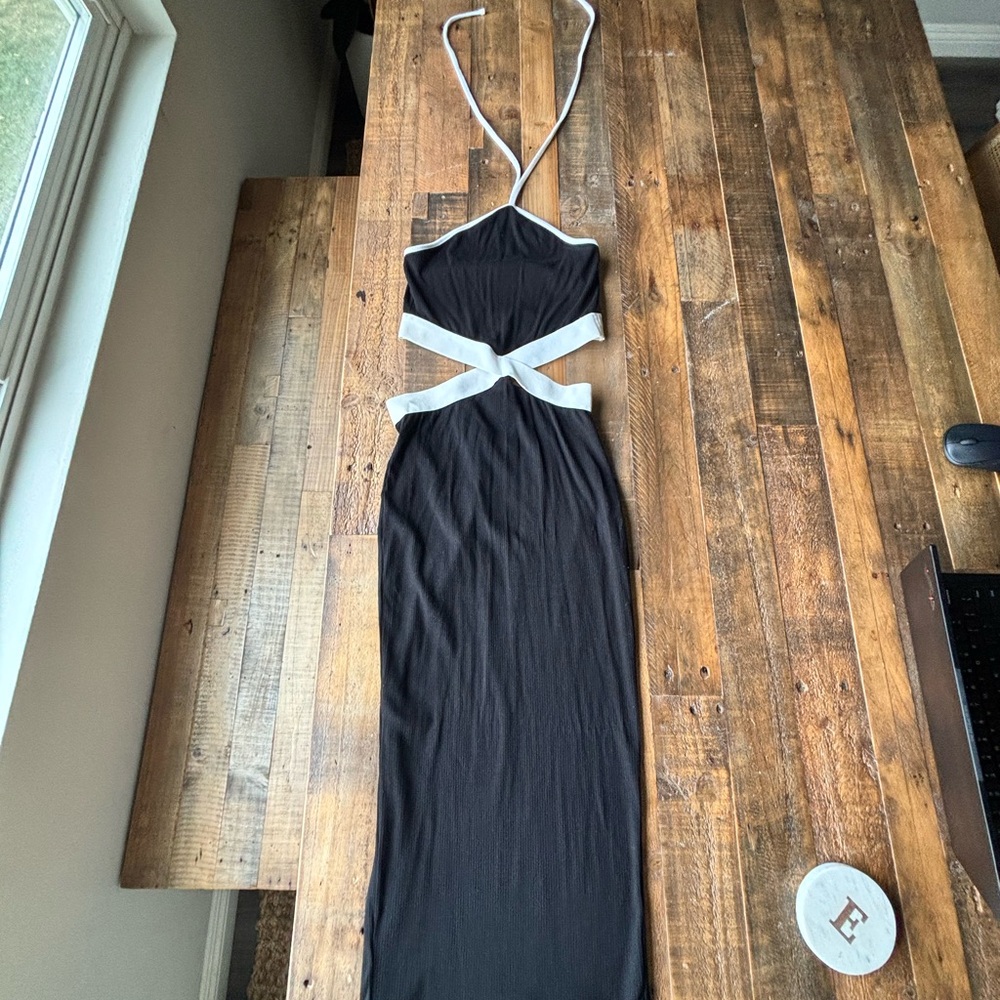 Black and White Cut Out Halter Maxi Dress - Small
